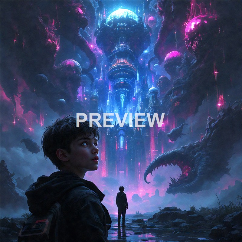 A young person with short dark hair stands in the foreground, gazing towards a fantastical, glowing cityscape with towering spires, floating islands, and a massive skull-shaped structure at the top, all illuminated by vibrant neon lights and surrounded by clouds and rocky terrain.